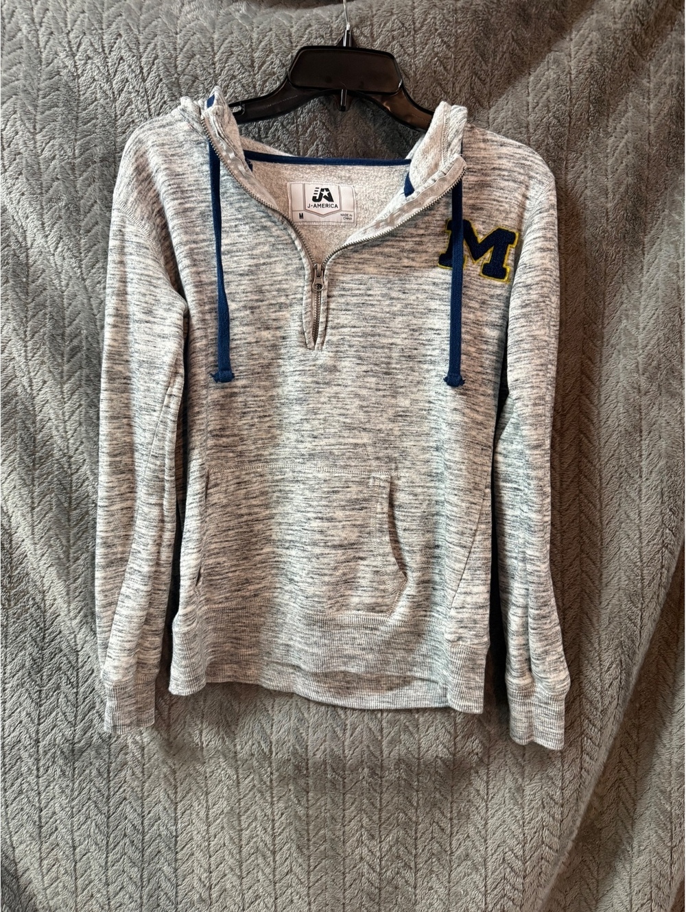 J America Gray Half-Zip Hoodie Sweatshirt with Navy Drawstrings and M Patch